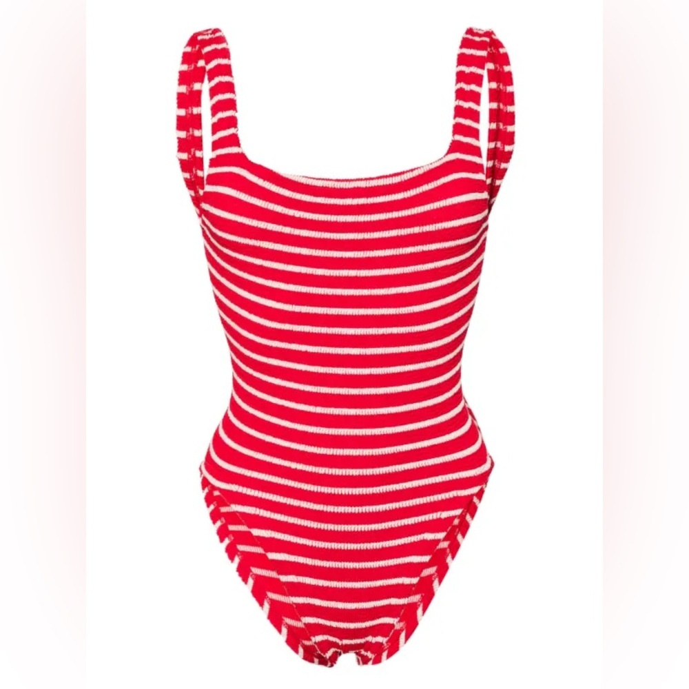 NEW with tags Hunza G Square Neck One Piece Swimsuit - Red/White Stripes crinkle